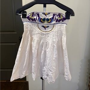 Free People White Strapless Embroidered Peasant Top with Purple & Yellow Accents